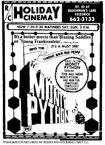 1975 Holiday Cinemas (then-owned by R/C) ad for "Monty Python and the Holy Grail," as featured in "The News-Post."