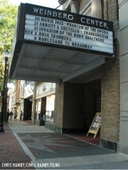 Photo of the Weinberg Center for the Arts Marquee, featuring "Abbott & Costello Meet Frankenstein."