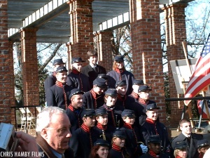 Ken Burns with a Civil War re-enactment troupe at the 2008 Dedication Day ceremony in Gettysburg, Pennsylvania.