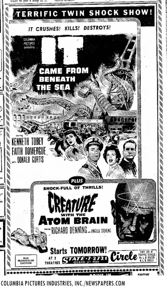 Original_1955_Columbia_Pictures_Double_Feature_Newspaper_Ad_It_Came_From_Beneath_The_Sea_Creature_With_The_Atom_Brain