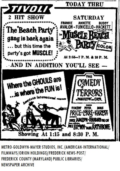 1964_Tivoli_Theatre_Frederick_Maryland_Newspaper_Advertisement_American_International_Twinset_The_Comedy_Of_Terrors_Beach_Party_Weinberg_Center_News_Post